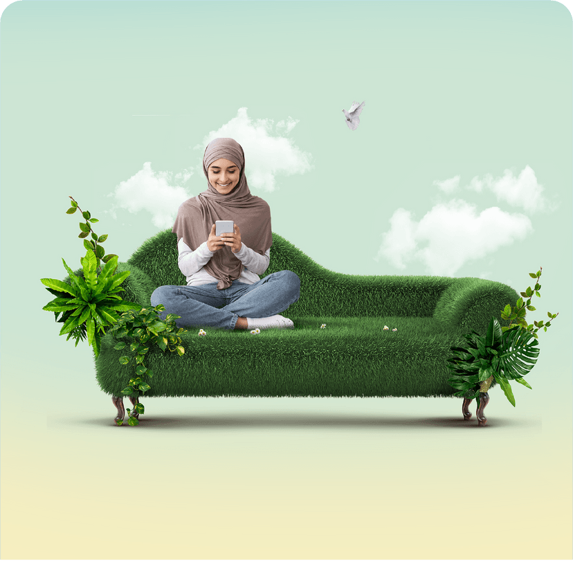 Woman sitting on grass sofa, Social media graphics design, created by Weditt.