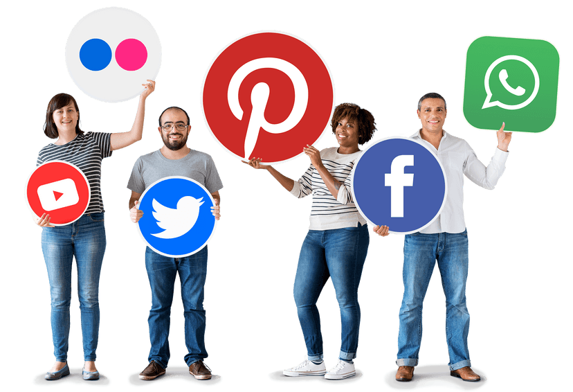 graphic design for people holding social media icons.