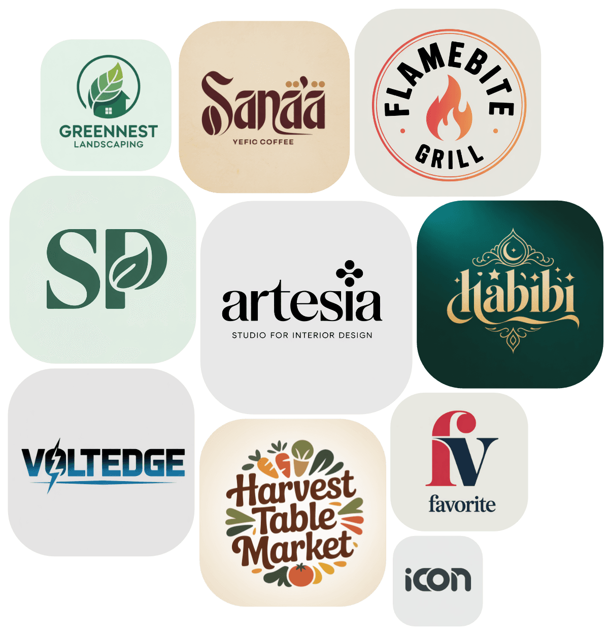 Diverse logo styles—landscaping, coffee, grill, interior design, and more